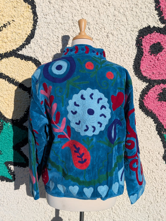 Blue Velvet Suzani Collared Embroidered Boho Jacket