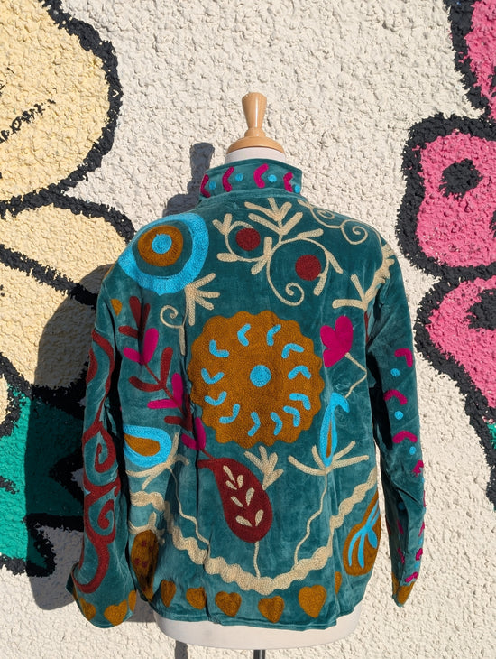 Teal Velvet Suzani Collared Embroidered Boho Jacket