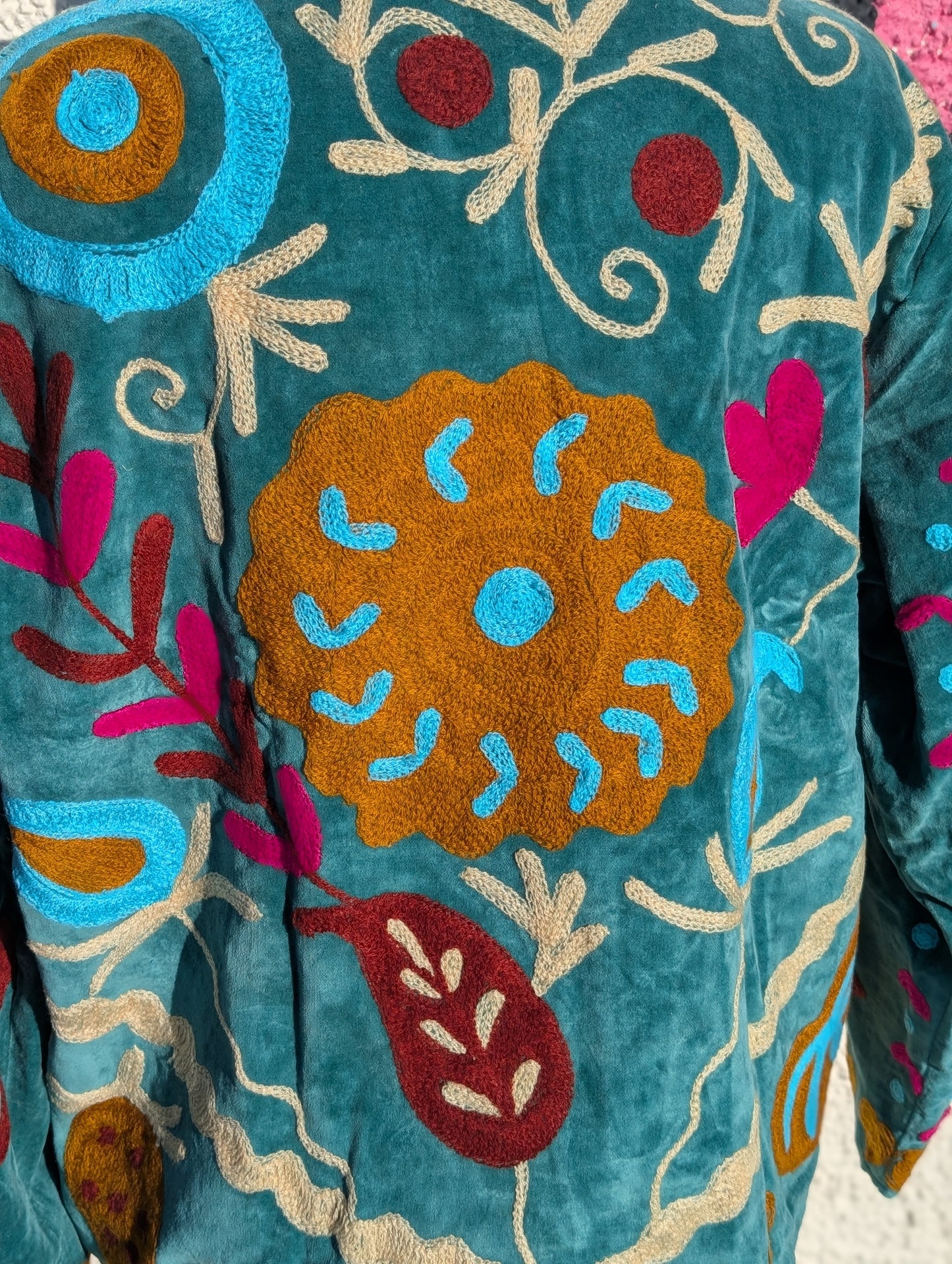 Teal Velvet Suzani Collared Embroidered Boho Jacket