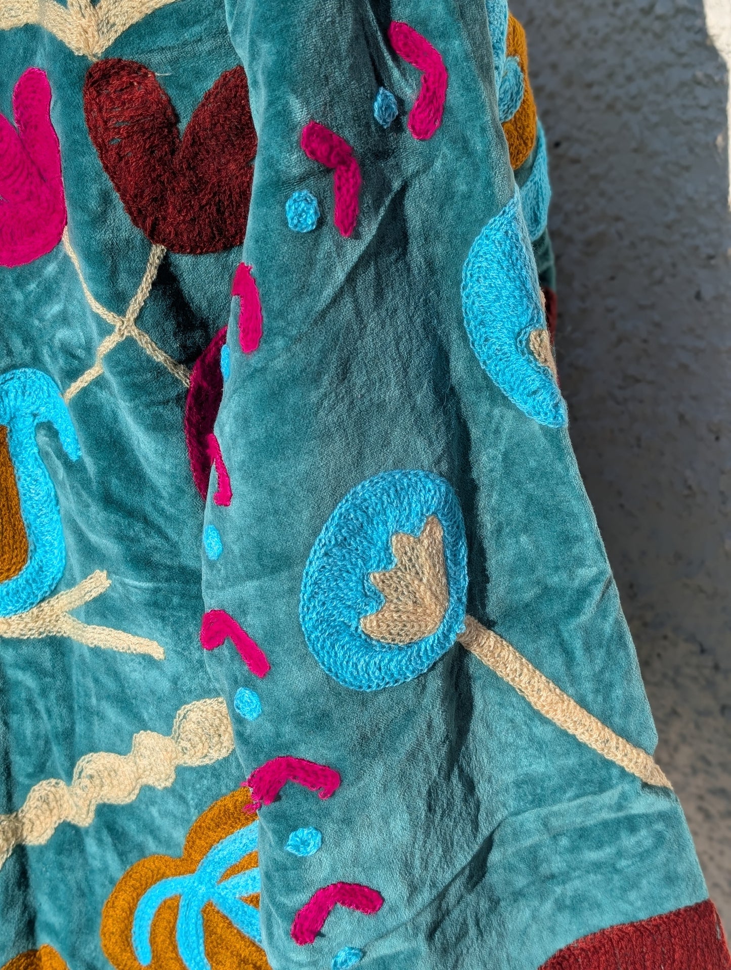 Teal Velvet Suzani Collared Embroidered Boho Jacket