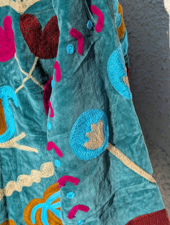 Teal Velvet Suzani Collared Embroidered Boho Jacket