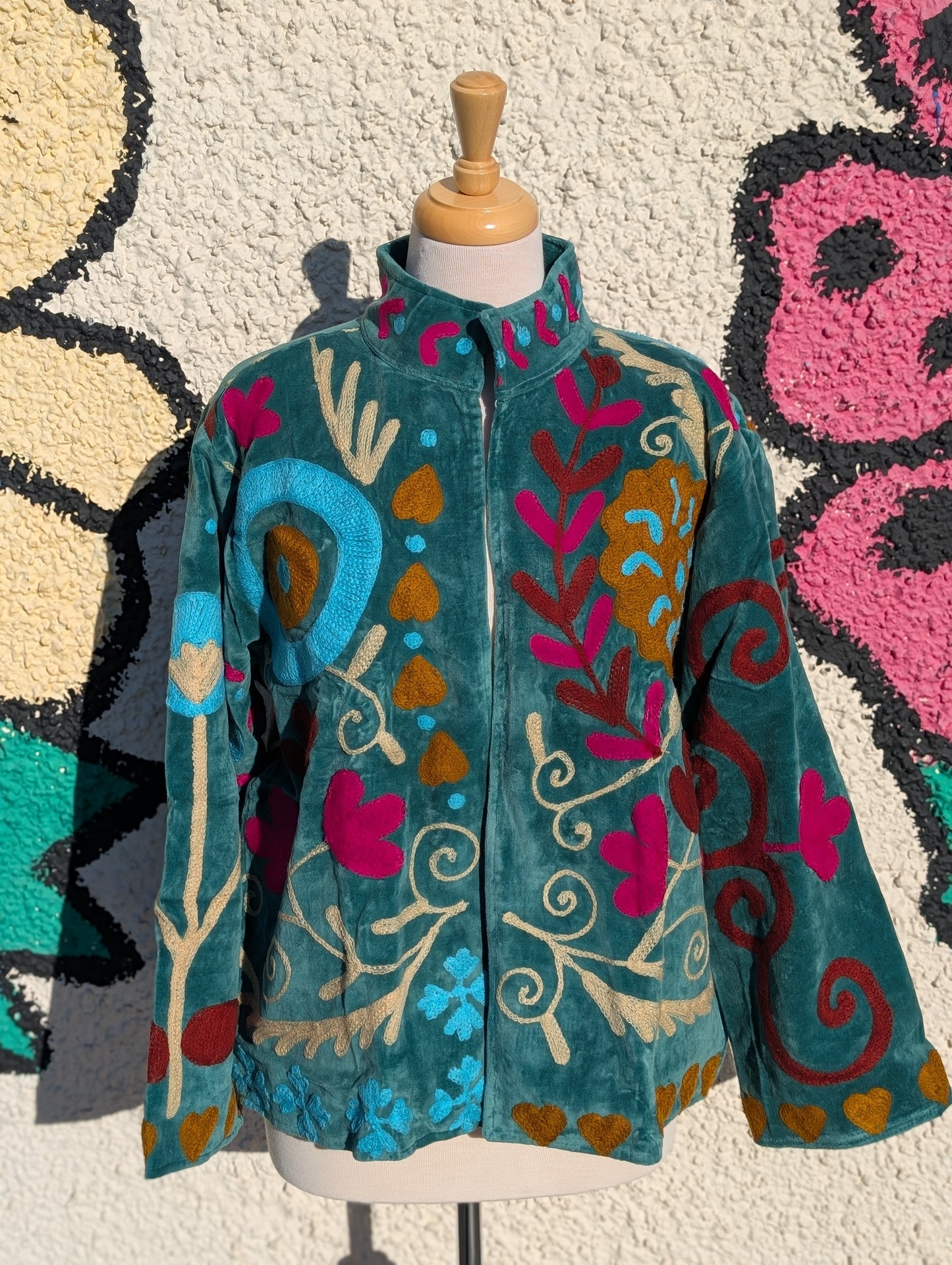 Teal Velvet Suzani Collared Embroidered Boho Jacket