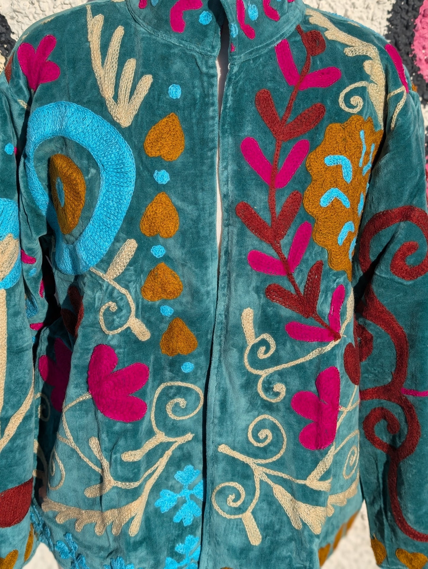Teal Velvet Suzani Collared Embroidered Boho Jacket