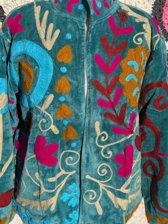 Teal Velvet Suzani Collared Embroidered Boho Jacket