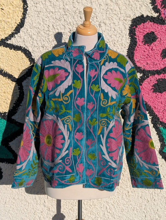 Teal & Pink Velvet Suzani Collared Embroidered Boho Jacket