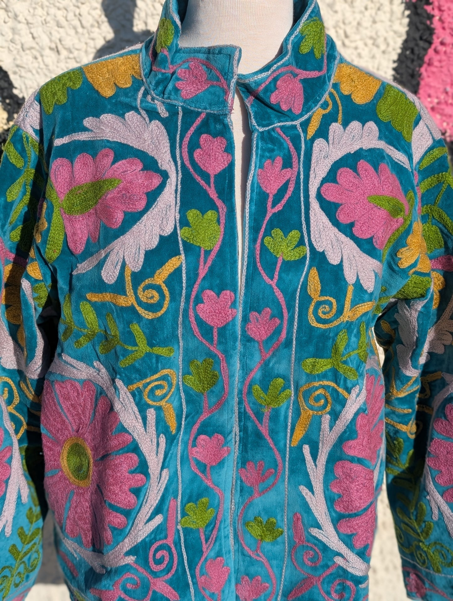 Teal & Pink Velvet Suzani Collared Embroidered Boho Jacket