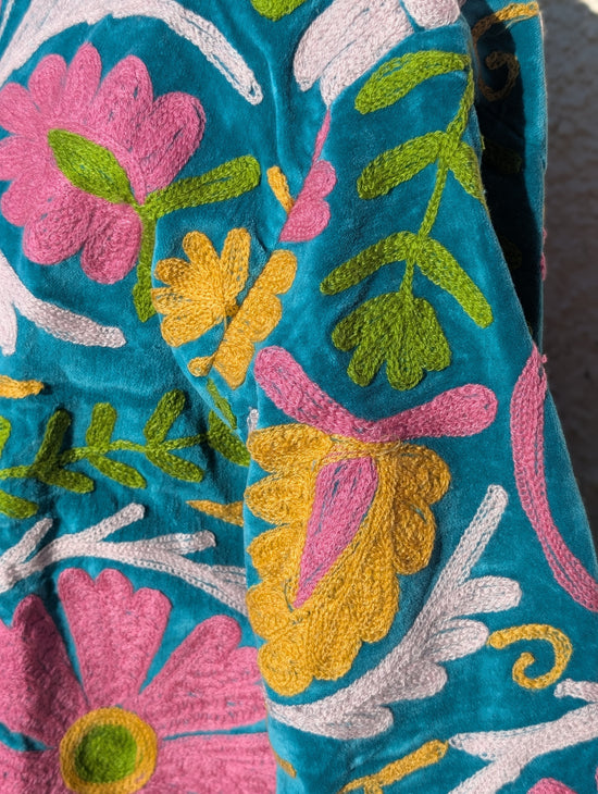 Teal & Pink Velvet Suzani Collared Embroidered Boho Jacket