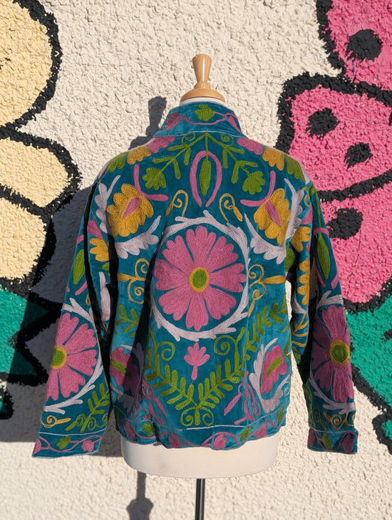 Teal & Pink Velvet Suzani Collared Embroidered Boho Jacket