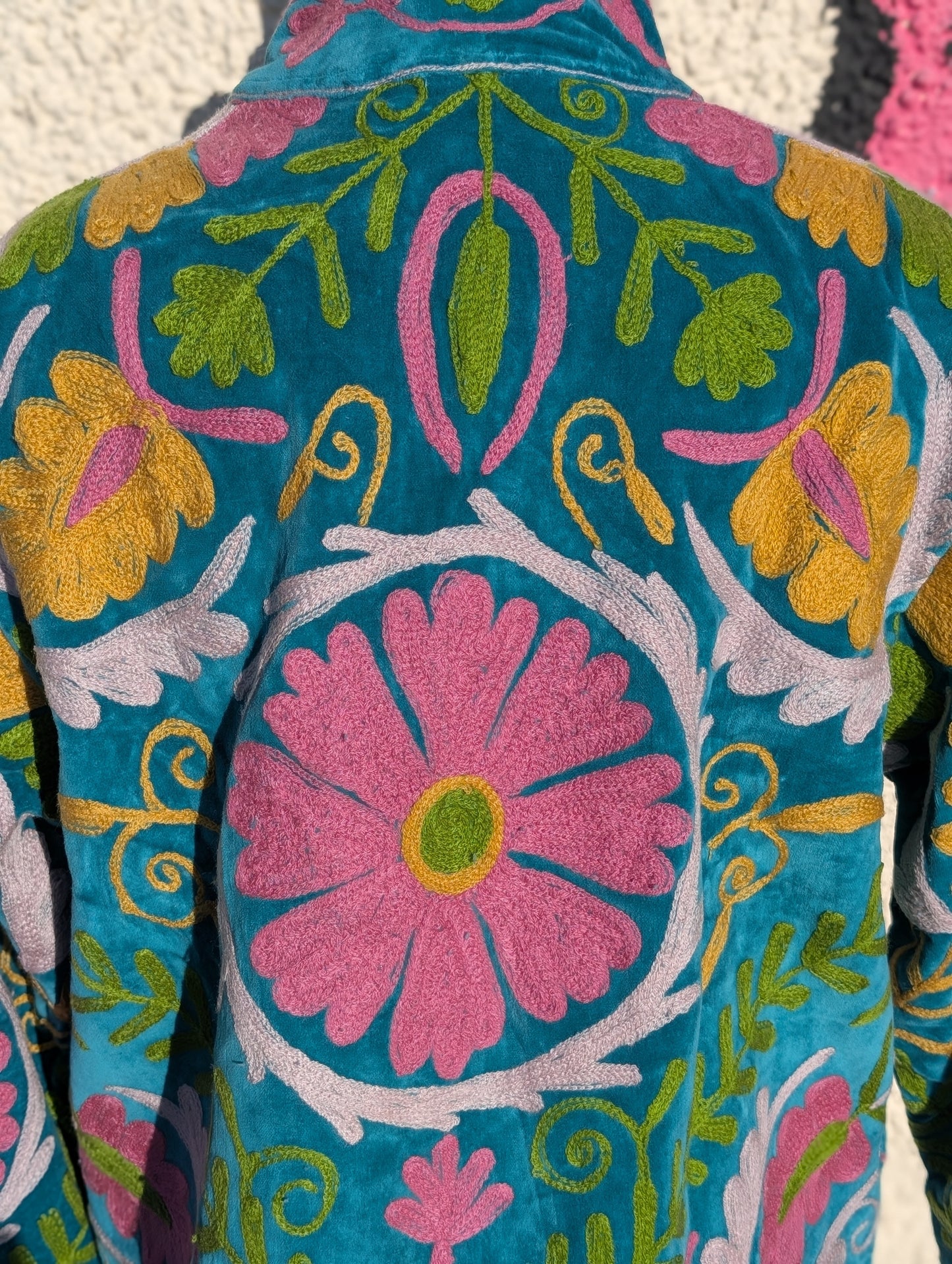 Teal & Pink Velvet Suzani Collared Embroidered Boho Jacket