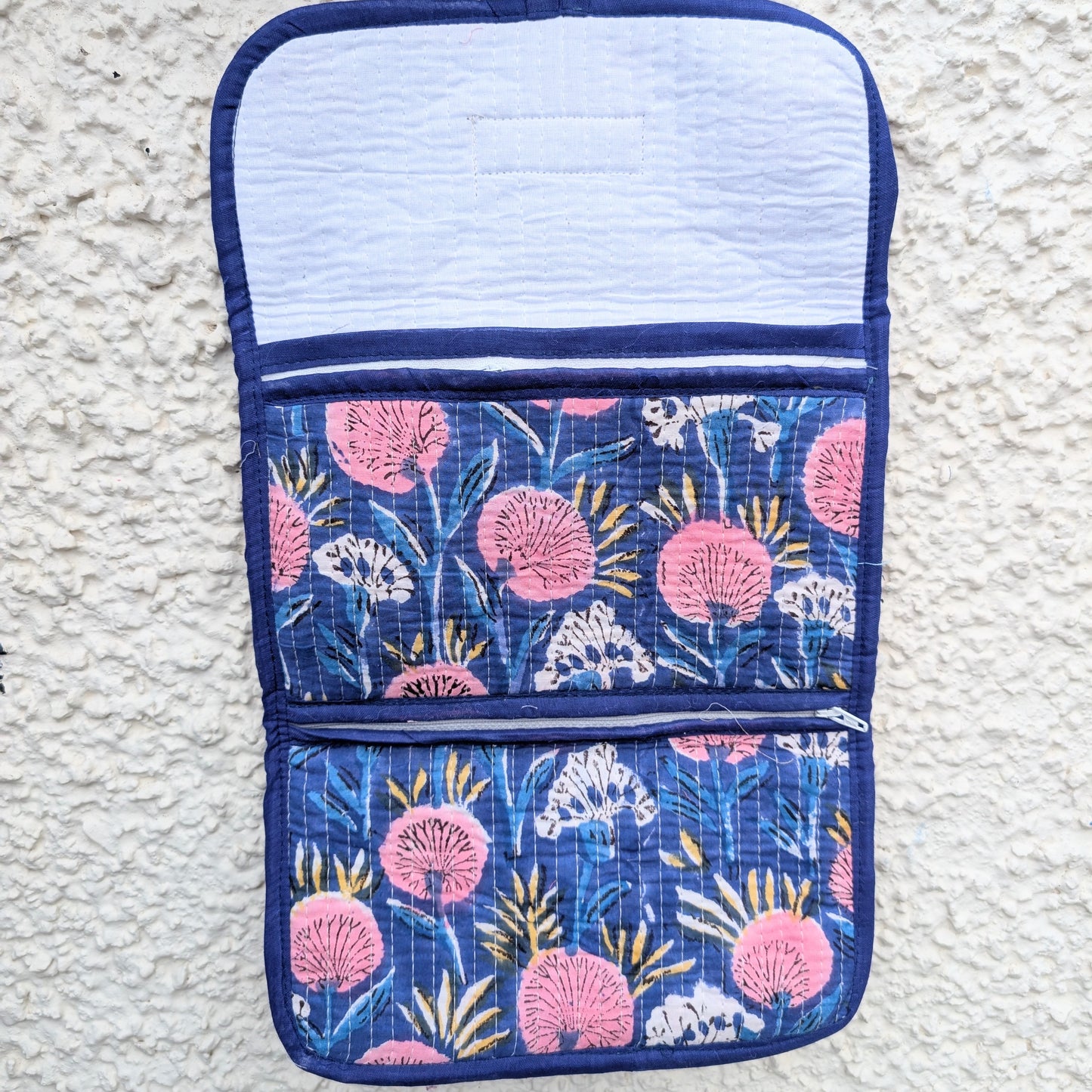 Blue & Pink Floral Block Print Quilted 3 Fold Travel Bag - Precious Sparkle