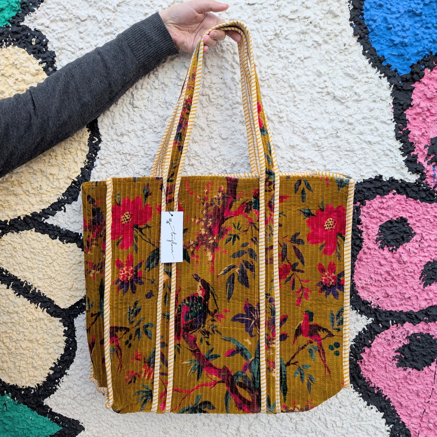 Velvet Quilted Indian Tote Bag -Paradise Mustard - Precious Sparkle