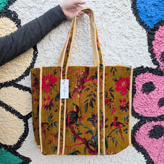 Velvet Quilted Indian Tote Bag -Paradise Mustard - Precious Sparkle