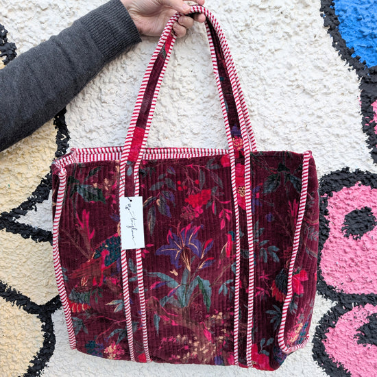 Velvet Quilted Indian Tote Bag -Paradise Merlot - Precious Sparkle