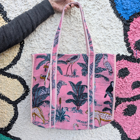 Velvet Quilted Indian Tote Bag- Pale Pink Leopard - Precious Sparkle