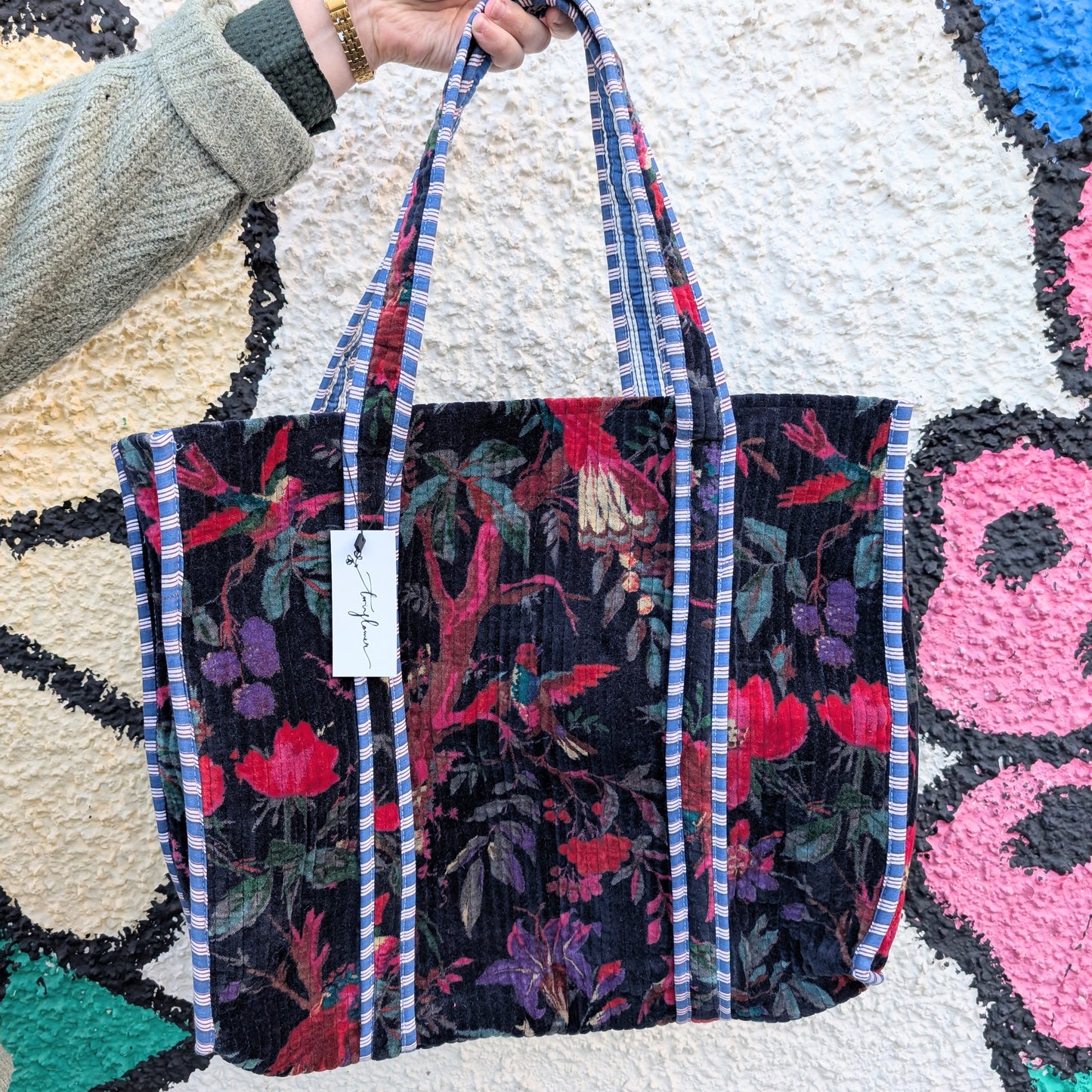 Velvet Quilted Tote Bag- Navy Blue Paradise - Precious Sparkle