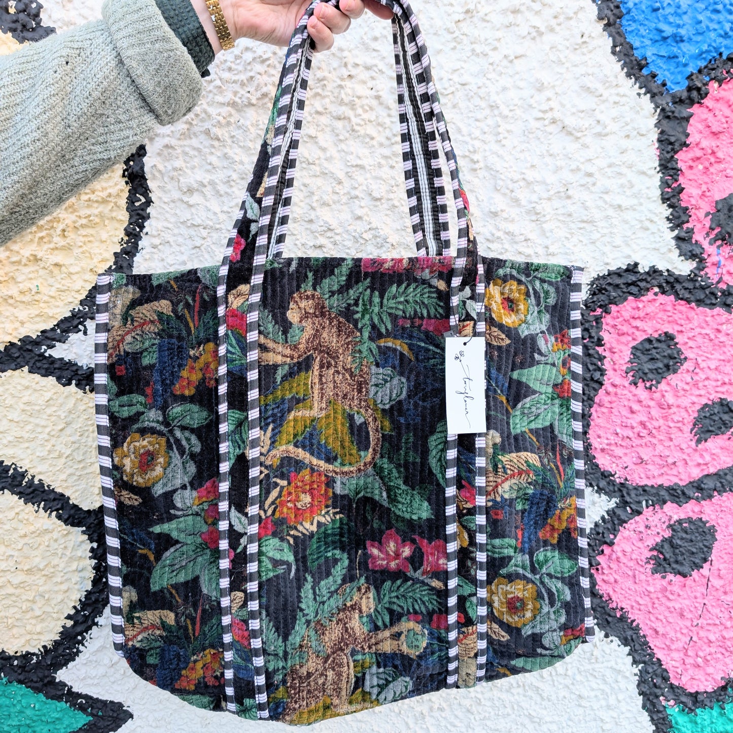 Velvet Quilted Tote Bag- Jungle Black - Precious Sparkle