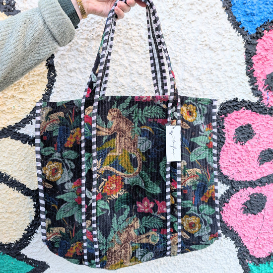 Velvet Quilted Tote Bag- Jungle Black - Precious Sparkle