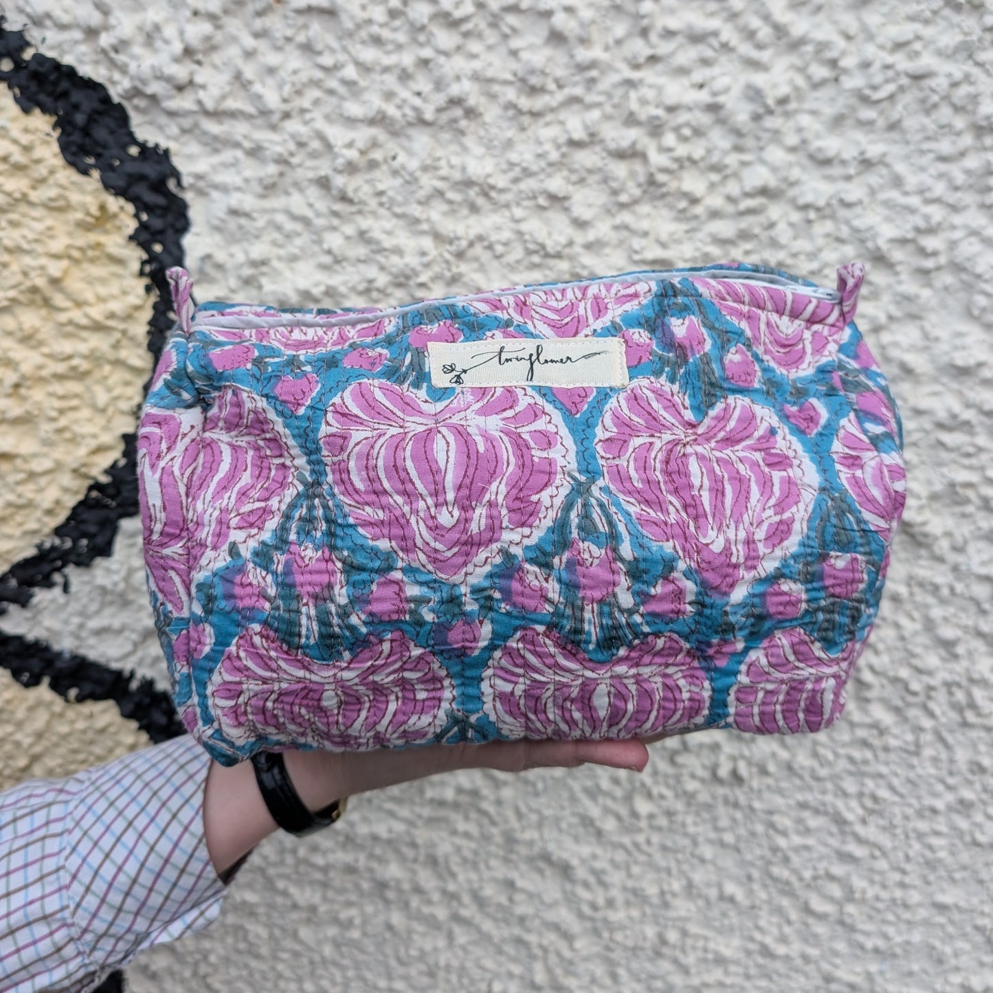 Teal & Pink Lilac Flower Block Print Quilted Large Washbag - Precious Sparkle