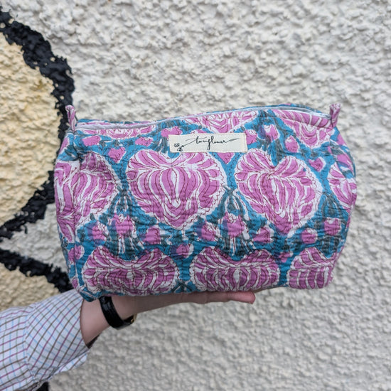 Teal & Pink Lilac Flower Block Print Quilted Large Washbag - Precious Sparkle