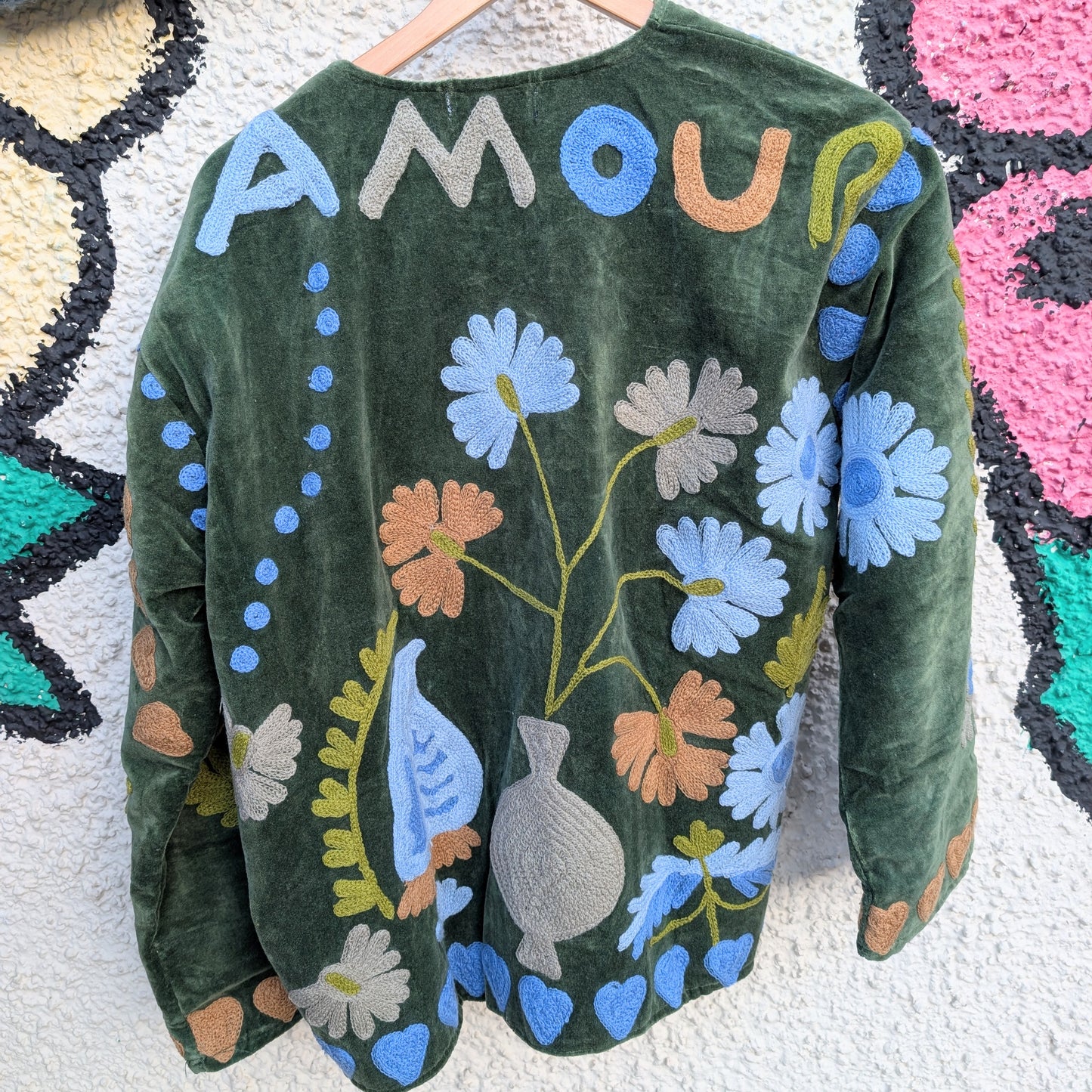 Amour Green Velvet Suzani Kimono Embroidered Boho Jacket - Precious Sparkle
