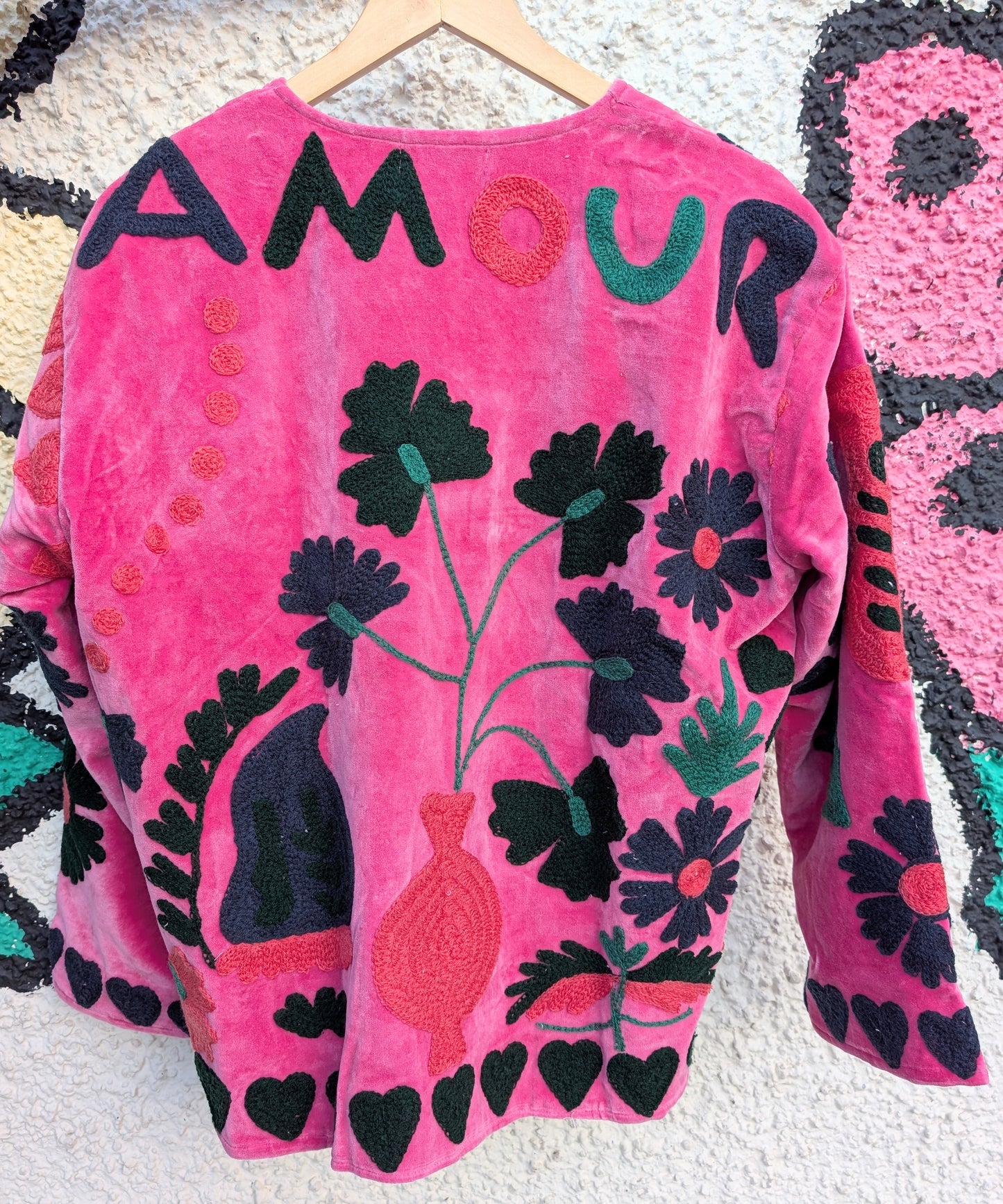 Amour Pink Velvet Suzani Kimono Embroidered Boho Jacket - Precious Sparkle