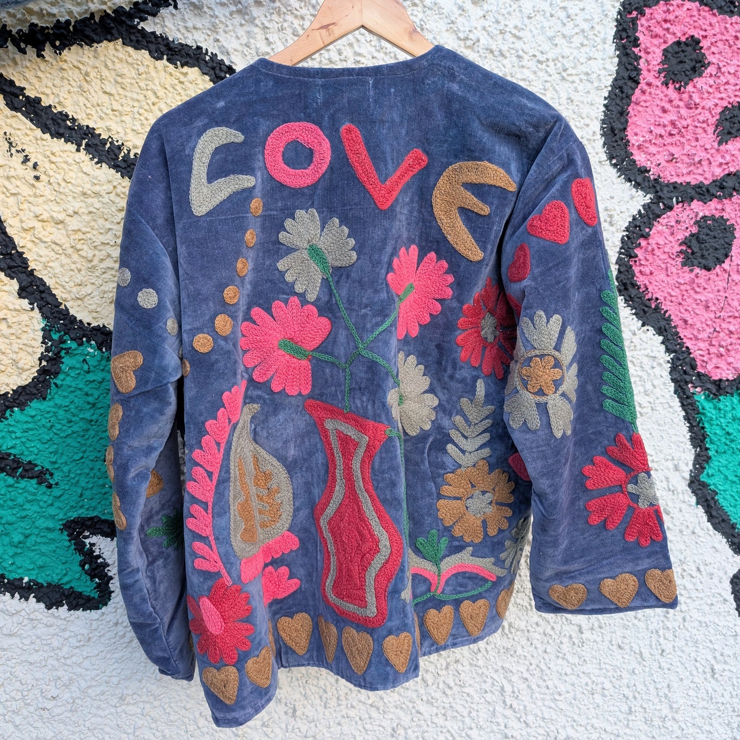 Love Periwinkle Blue Velvet Suzani Kimono Embroidered Jacket - Precious Sparkle