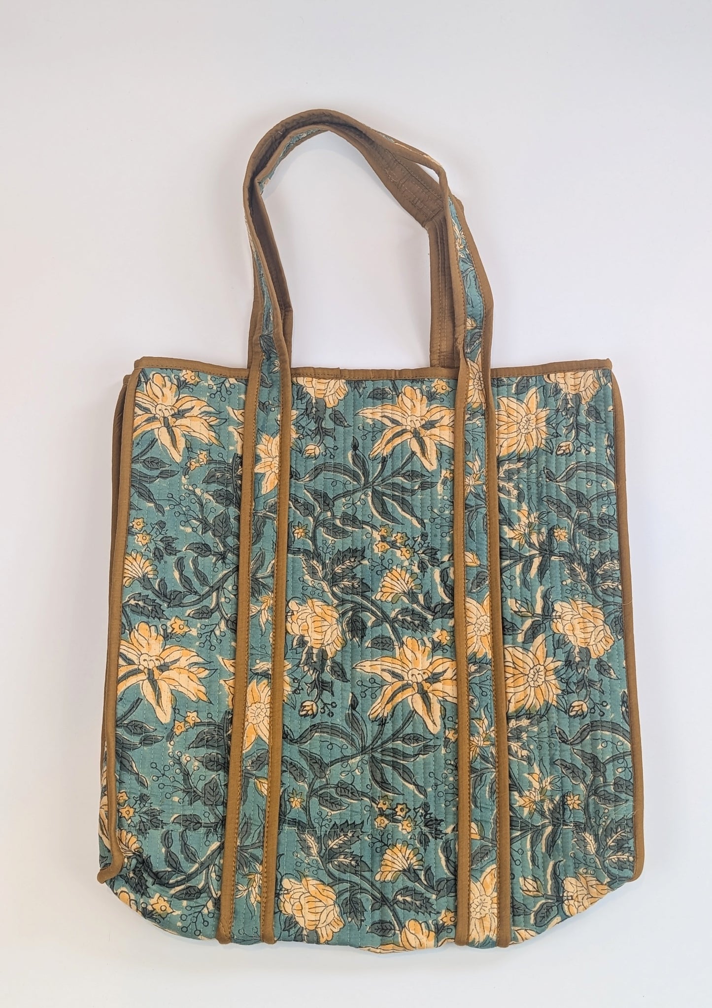 Teal & Yellow Floral Block Printed Tote Shoulder Bag