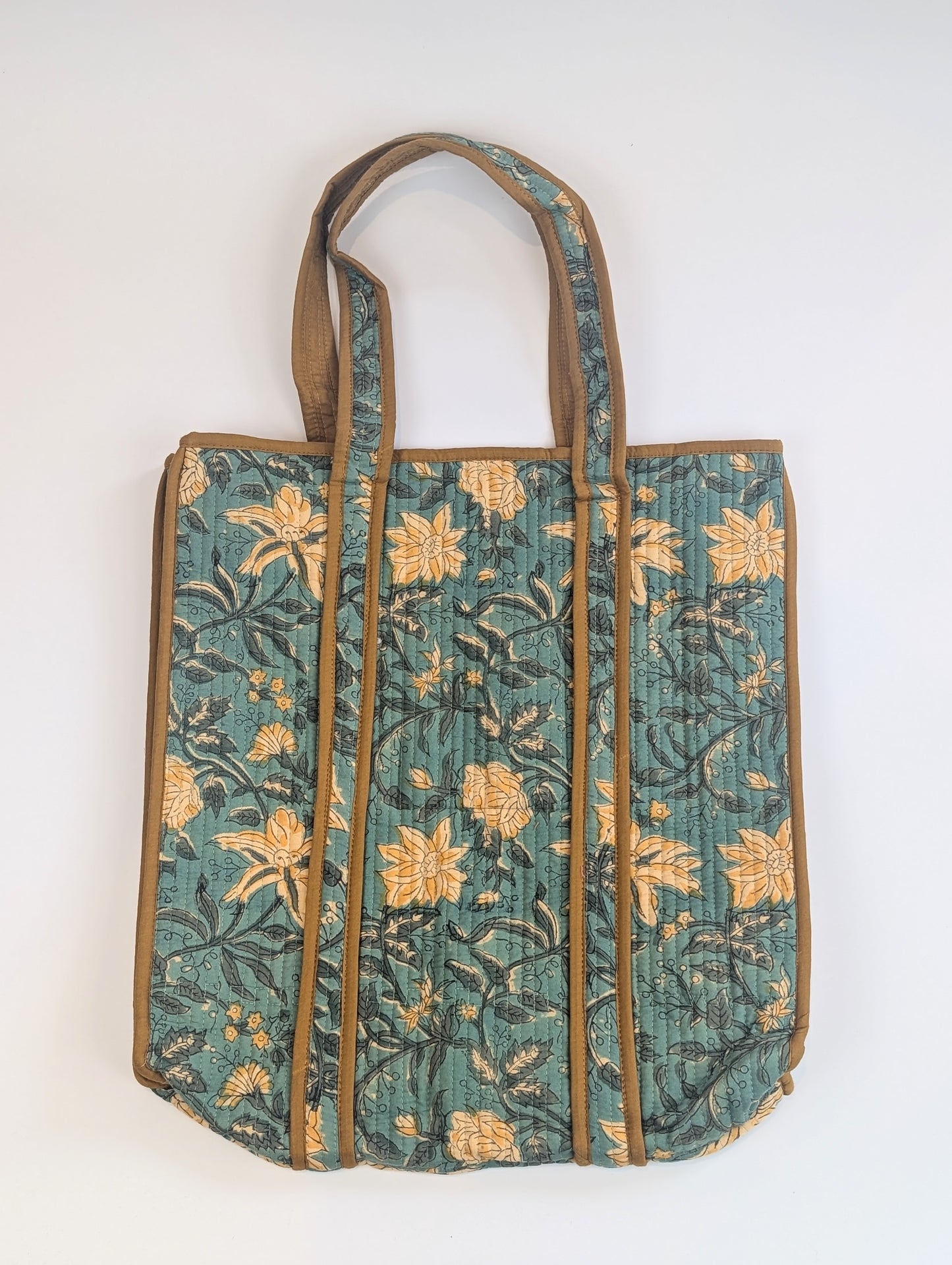 Teal & Yellow Floral Block Printed Tote Shoulder Bag - Precious Sparkle