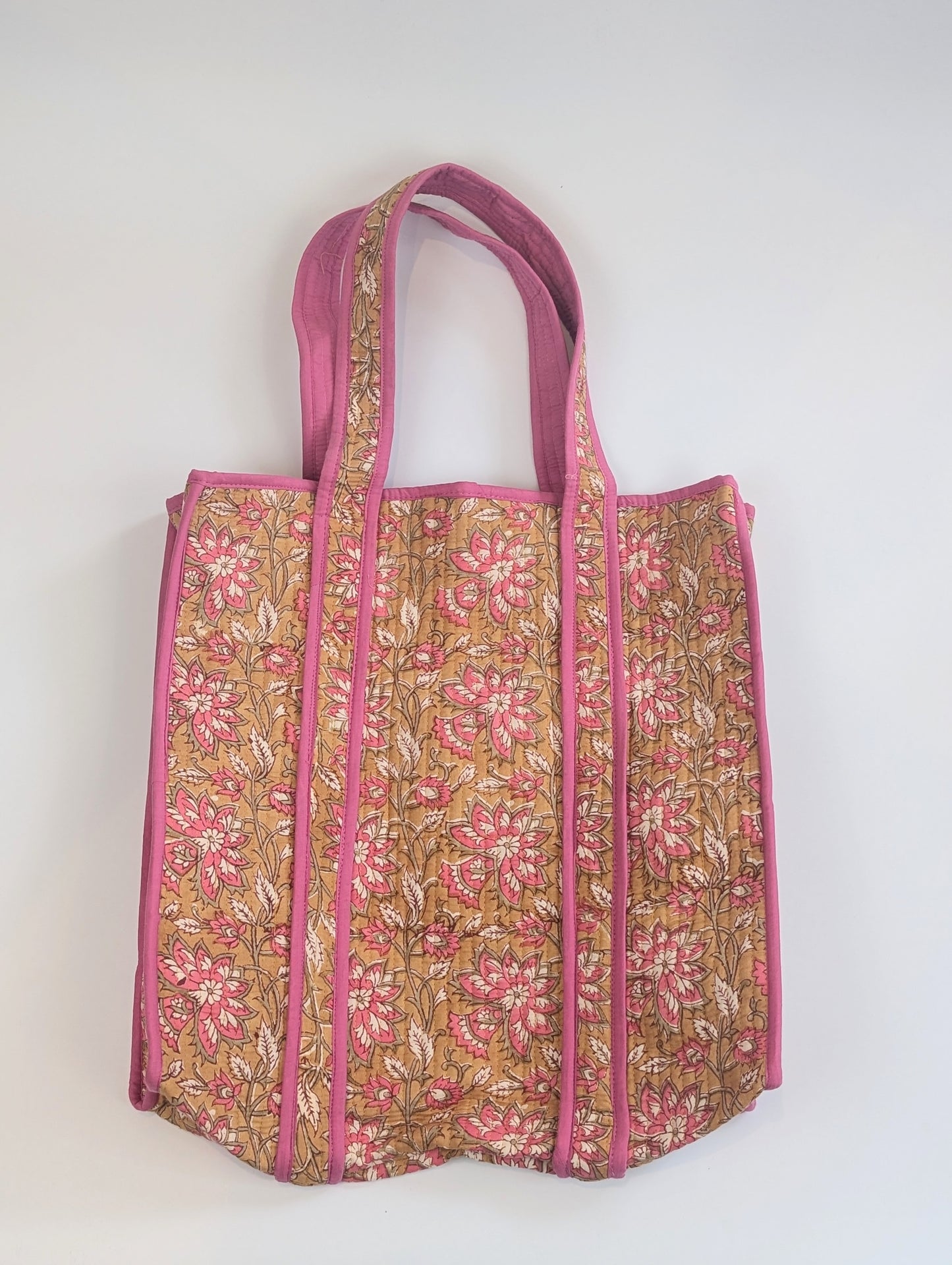 Mustard & Pink Floral Block Printed Tote Shoulder Bag - Precious Sparkle