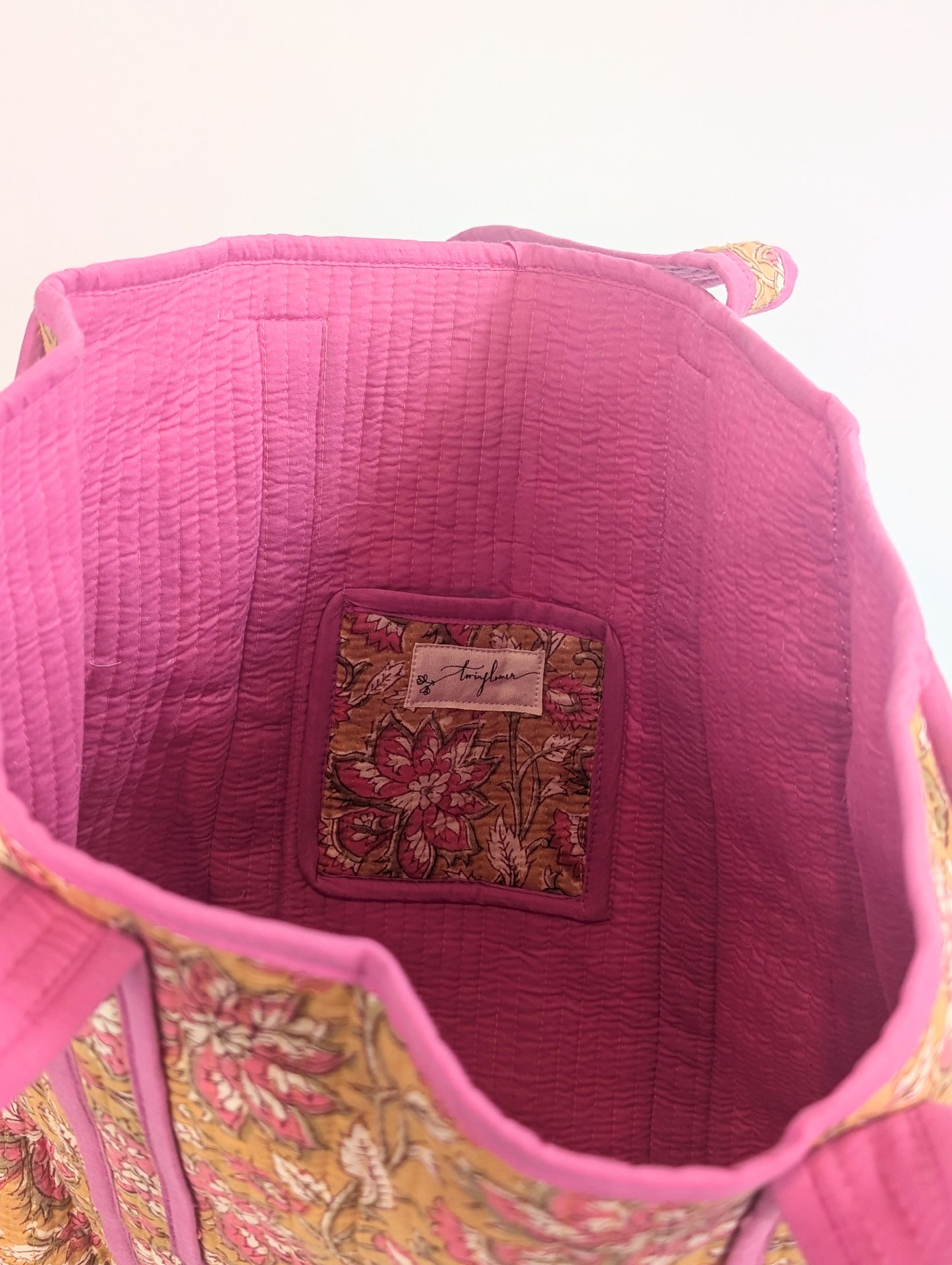 Mustard & Pink Floral Block Printed Tote Shoulder Bag - Precious Sparkle