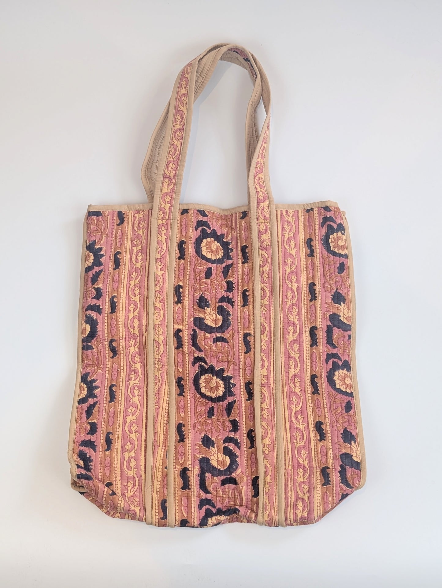 Vintage Pink Floral Block Printed Tote Shoulder Bag