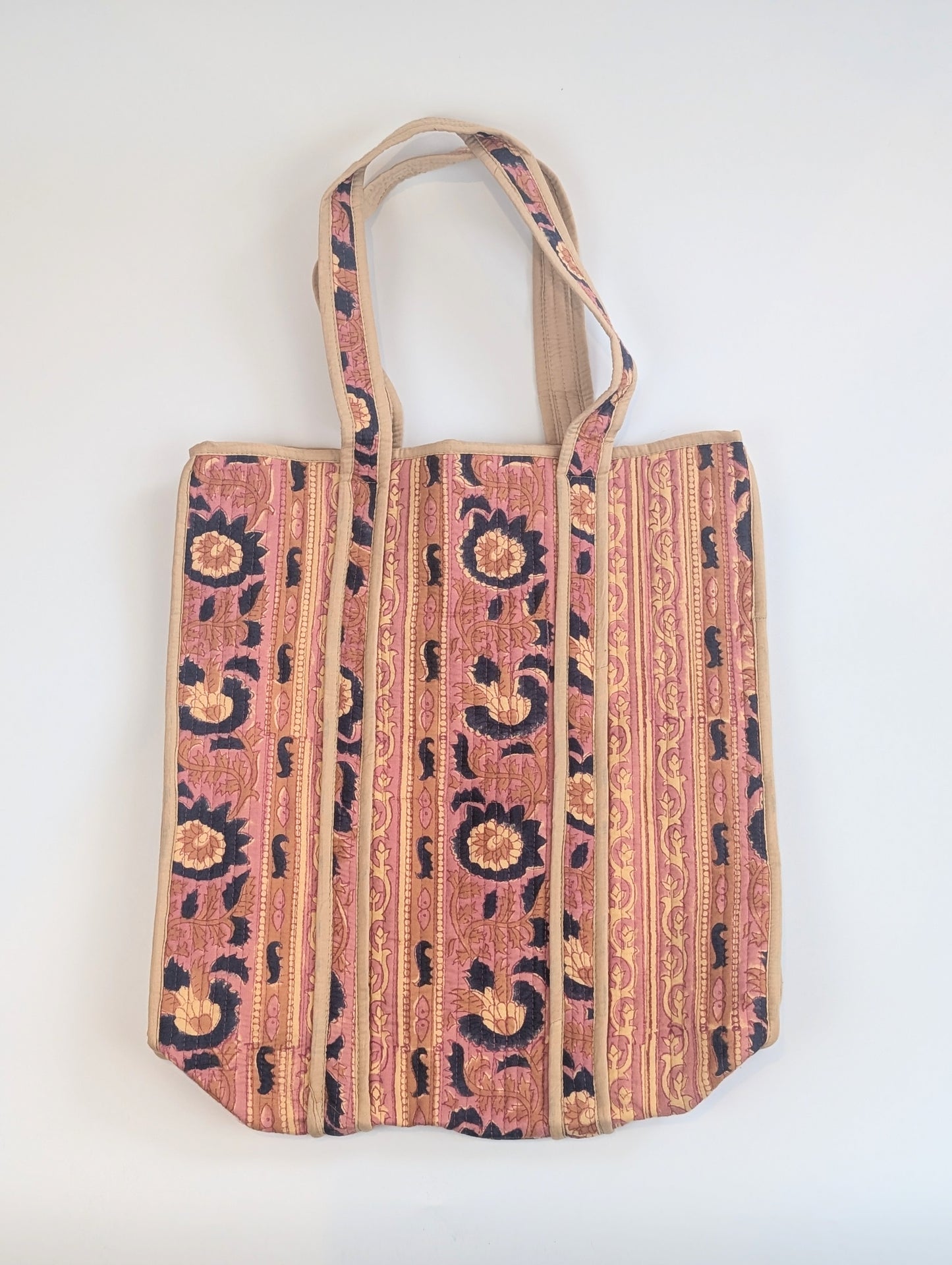 Vintage Pink Floral Block Printed Tote Shoulder Bag - Precious Sparkle