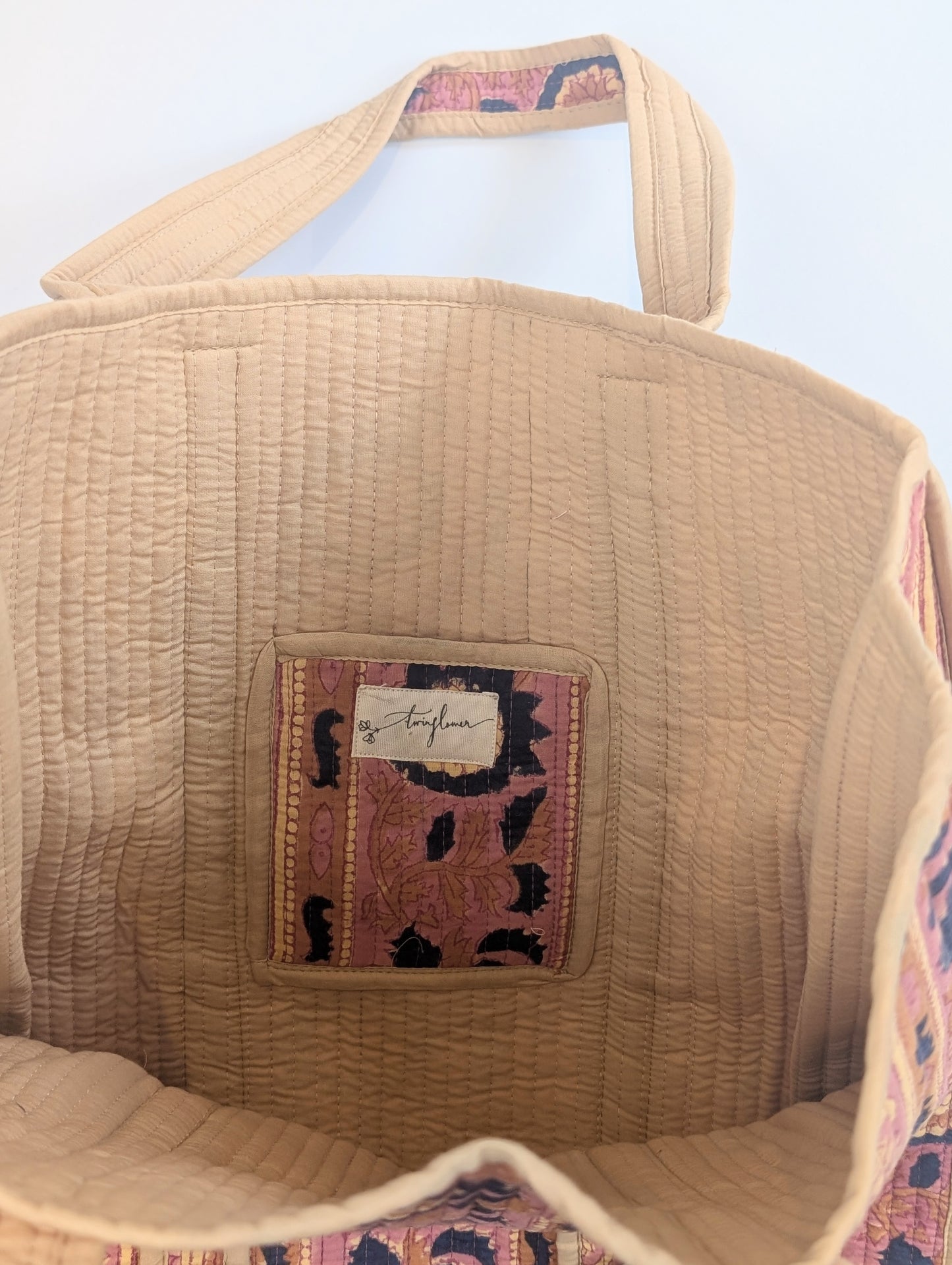 Vintage Pink Floral Block Printed Tote Shoulder Bag - Precious Sparkle