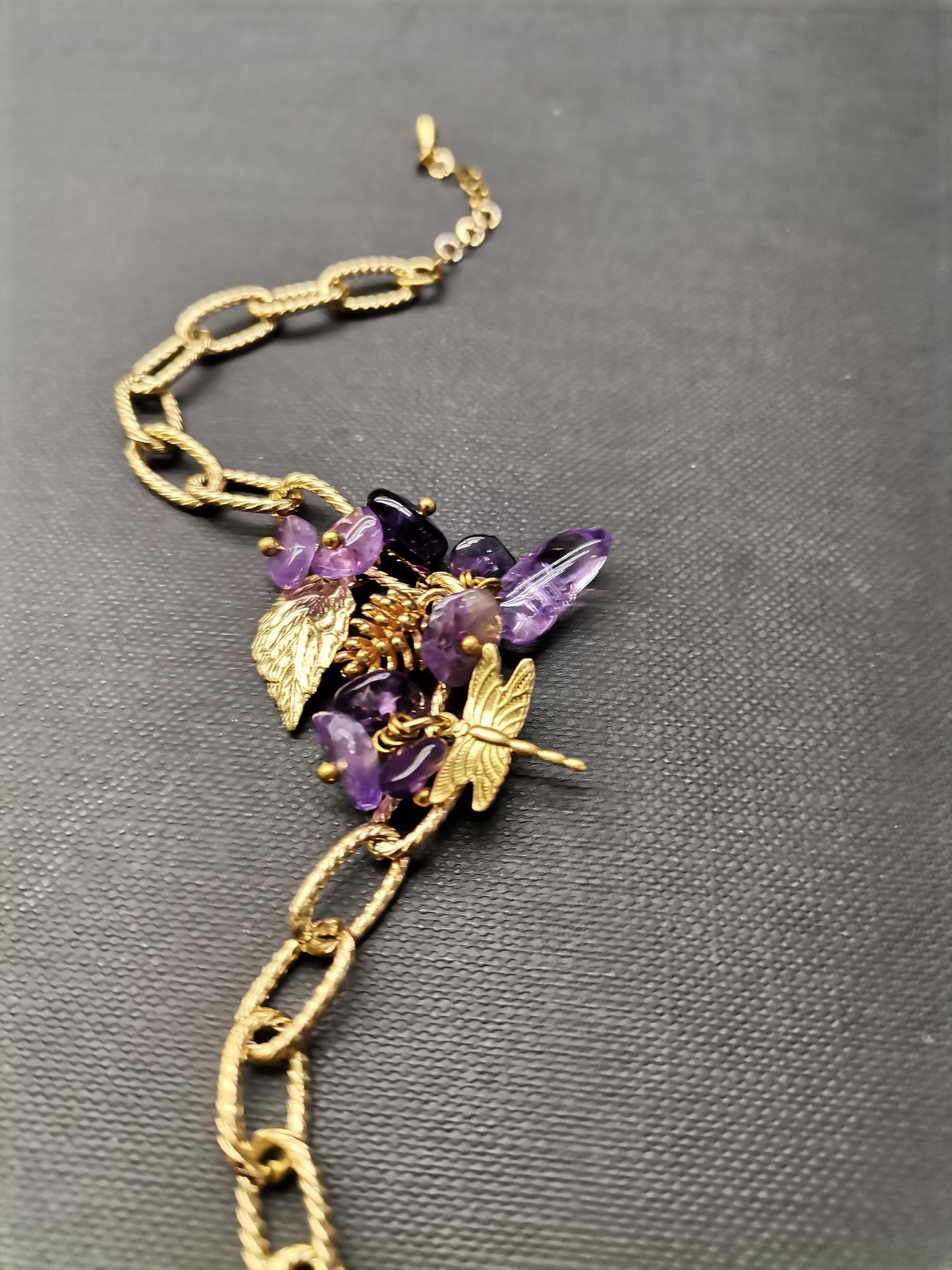 Amethyst Leaf & Dragonfly Gold Bracelet