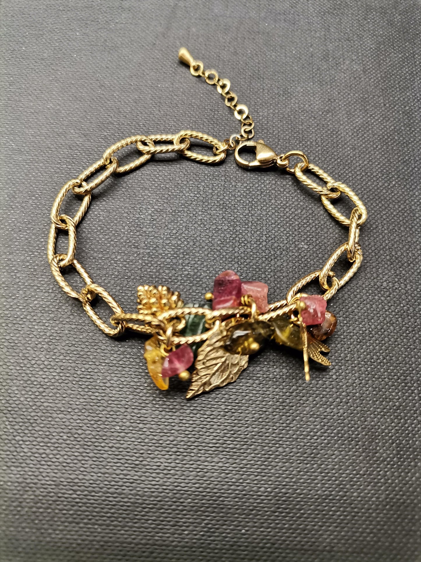 Tourmaline Leaf & Dragonfly Gold Bracelet