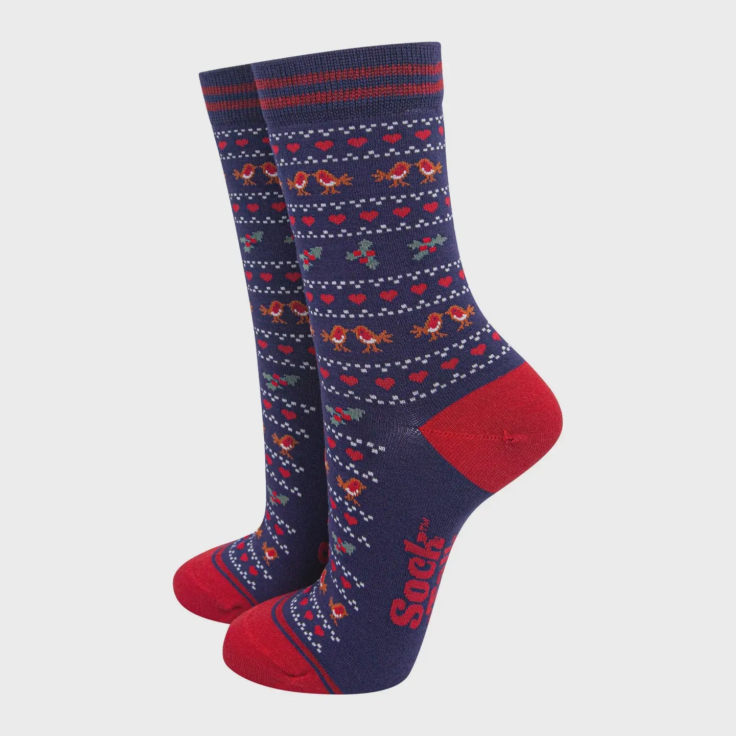 Sock Talk Women's Bamboo Socks Navy Blue/Red, Robin Fair Isle