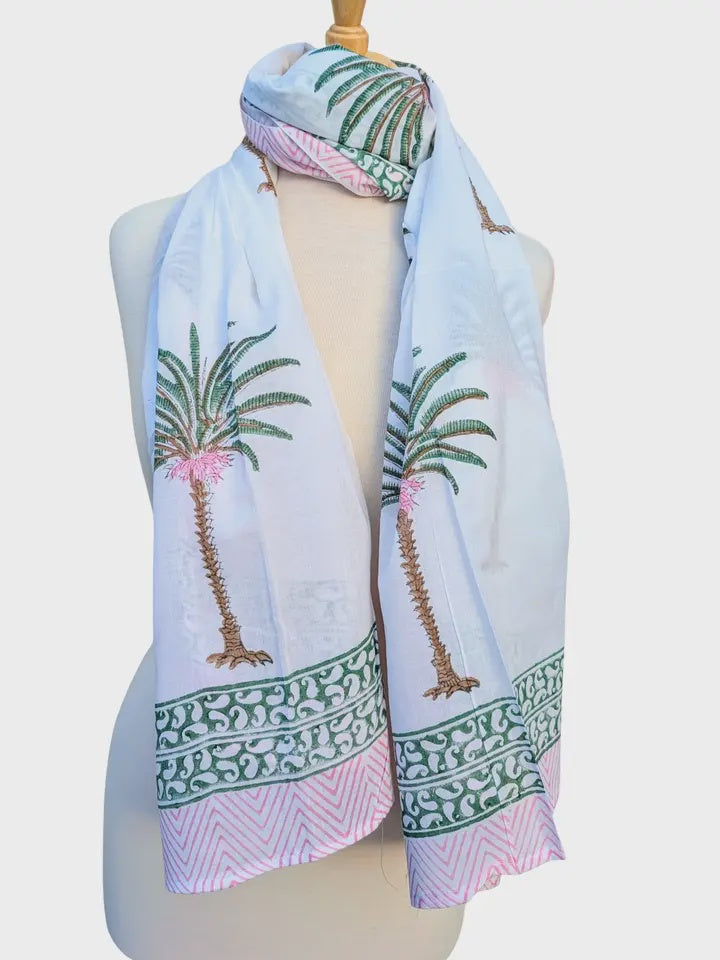Pink & Green Palm Tree Block Print Pareo Sarong Scarf - Precious Sparkle