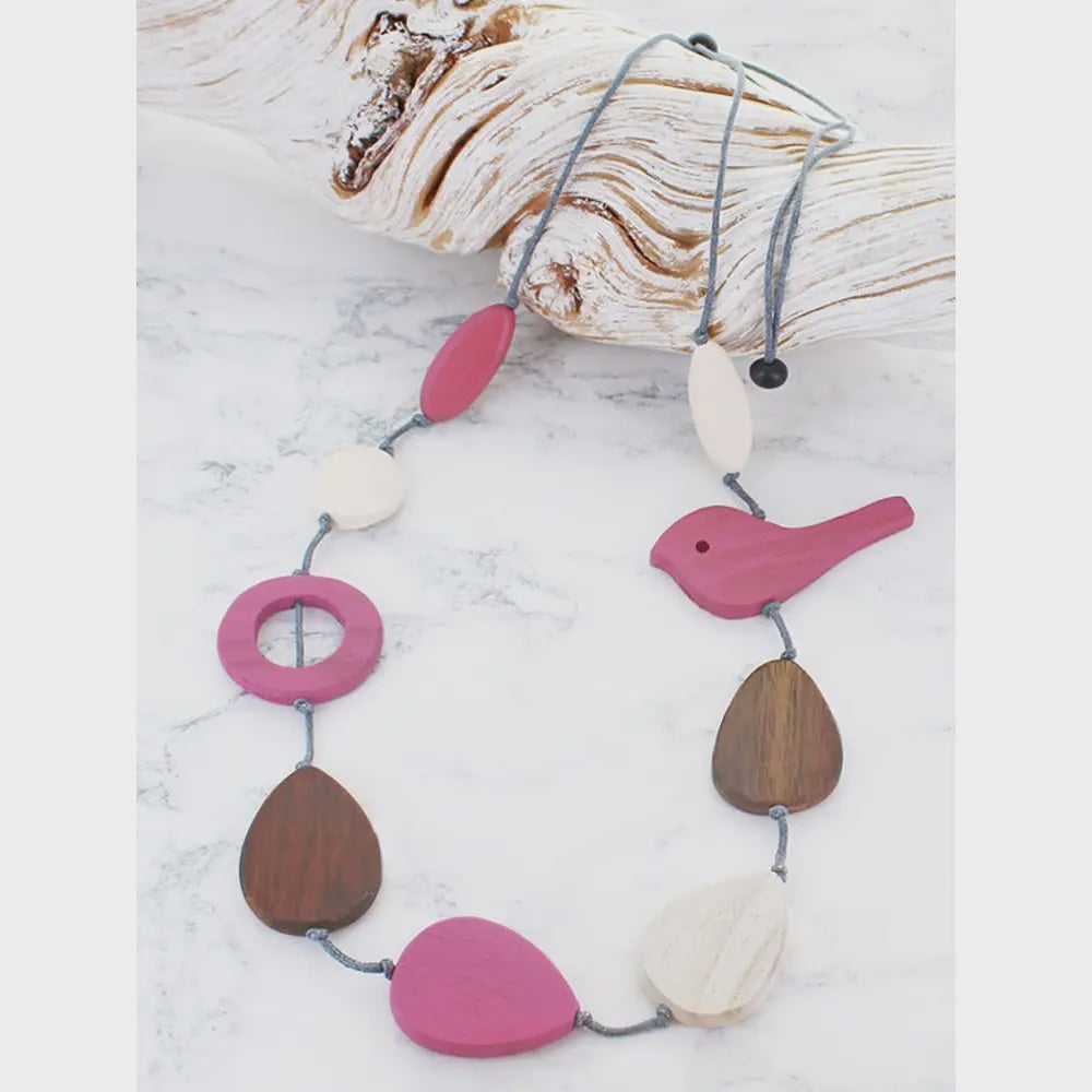Suzie Blue Wooden Bird Necklace Pink - Precious Sparkle