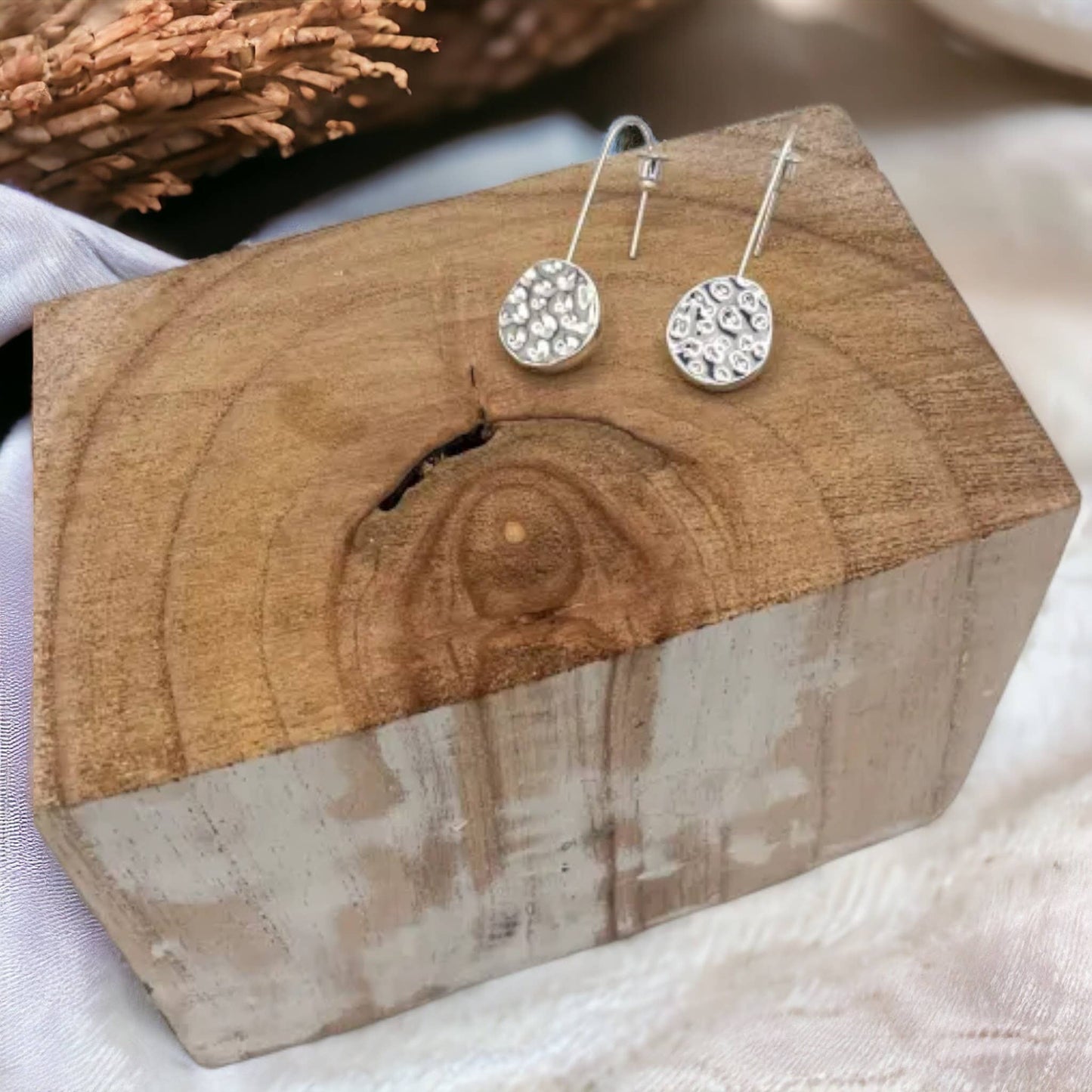 Silver Battered Circles Drop Earrings