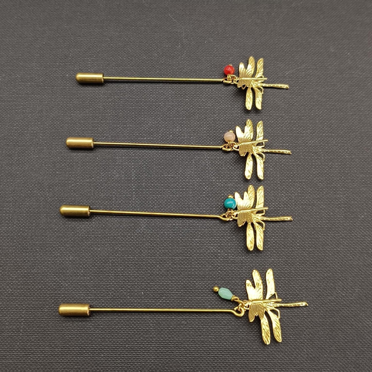 Dragonfly Pin Brooch in Raw Bronze with Gemstone - Precious Sparkle