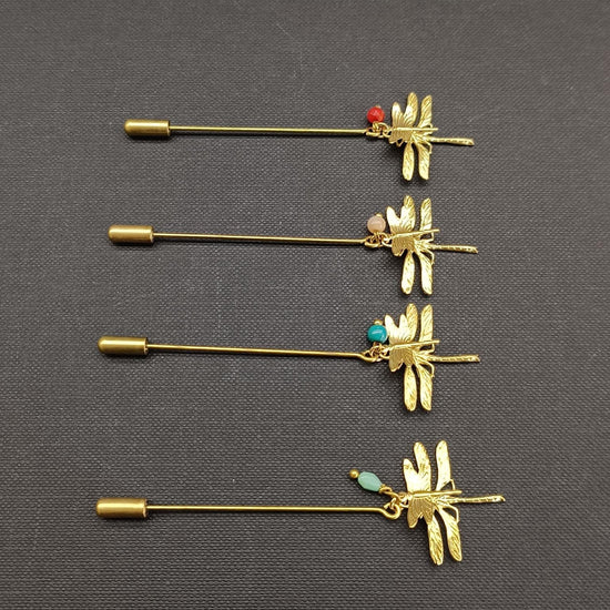 Dragonfly Pin Brooch in Raw Bronze with Gemstone - Precious Sparkle