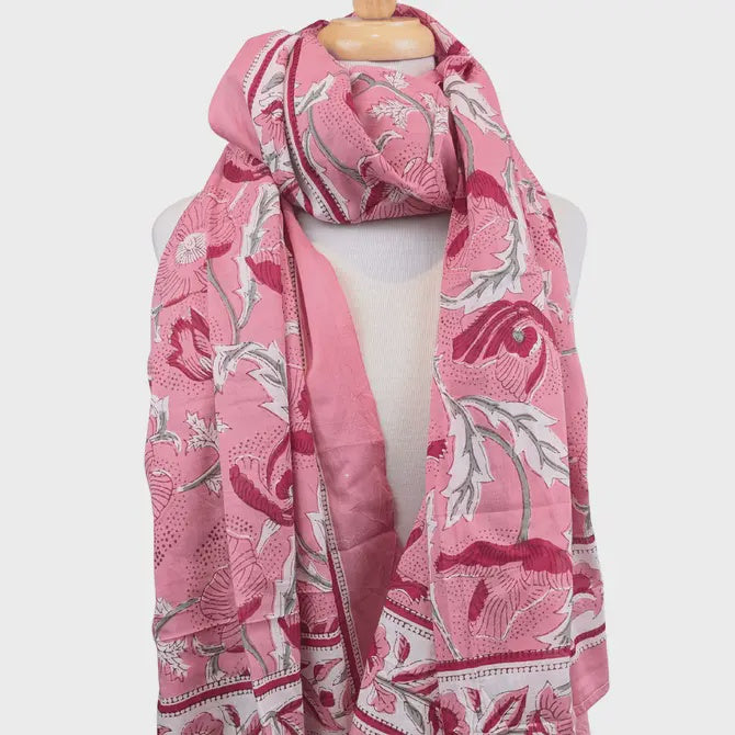 Pink & Red Floral Block Print Sarong Scarf - Precious Sparkle
