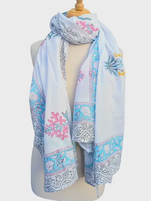 Aqua & Pink Floral Block Print Pareo Sarong Scarf - Precious Sparkle