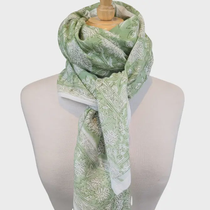 Light Green Block Print Oversized Bandana Square Scarf - Precious Sparkle