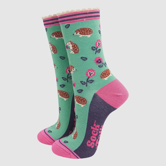 Sock Talk Women's Bamboo Socks - Mint, Hedgehog and Pansies