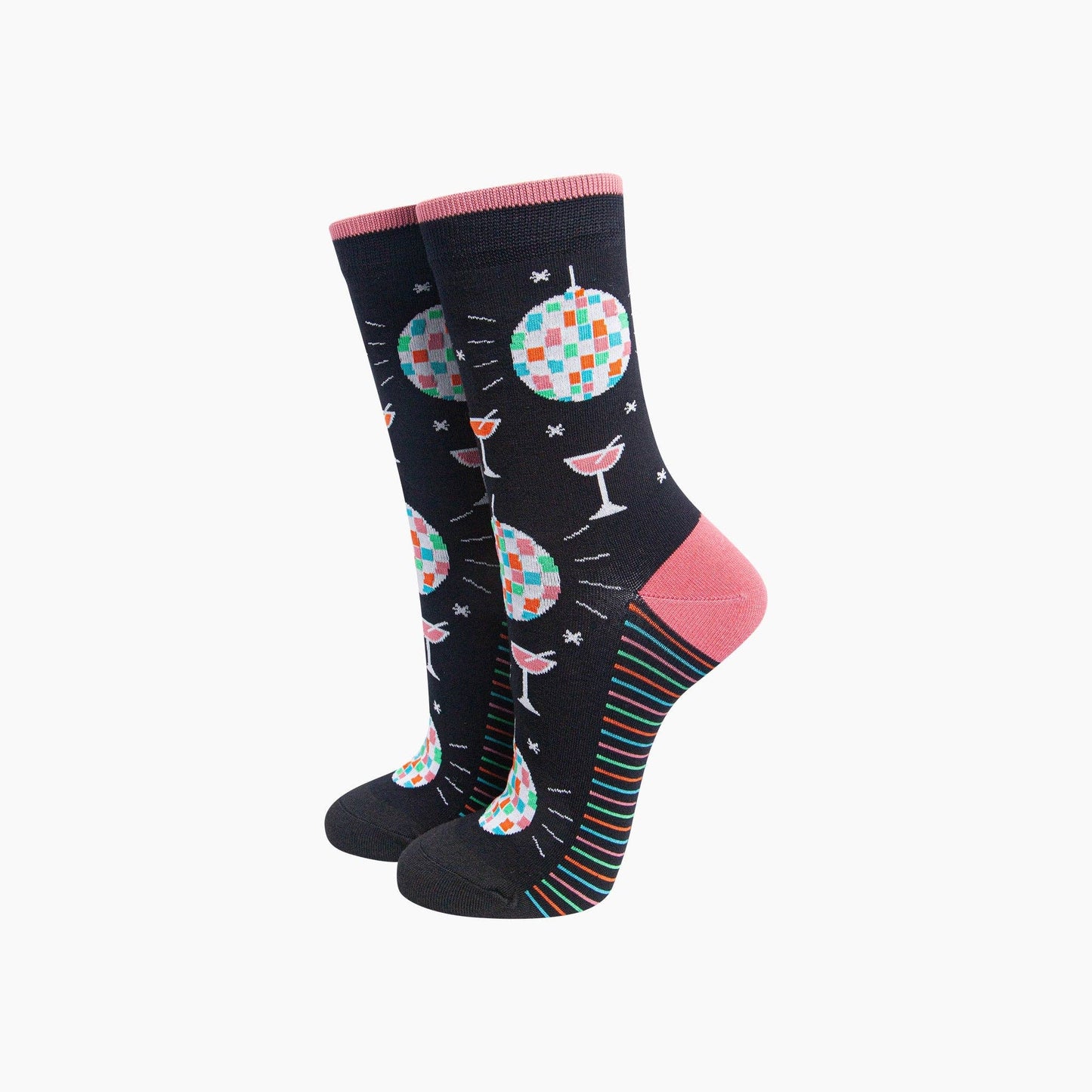 Sock Talk Retro Discoball & Cocktail Women's Bamboo Socks in Black - Precious Sparkle