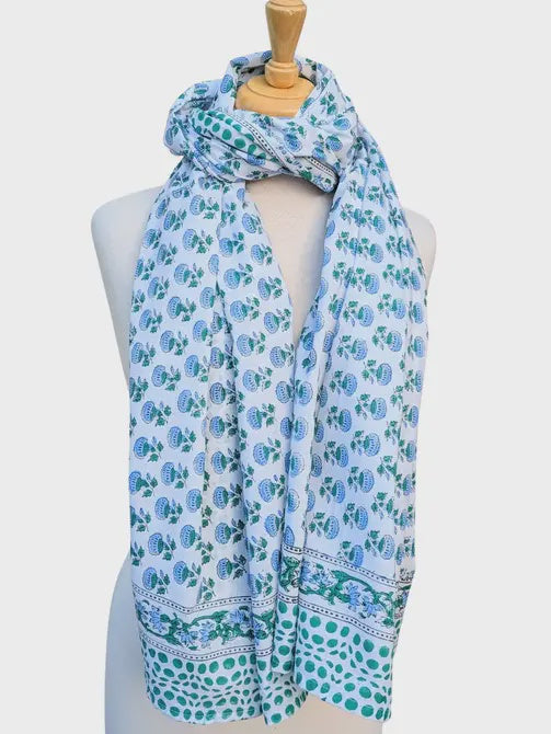 Blue & Green Flowers Block Print Pareo Sarong Scarf - Precious Sparkle