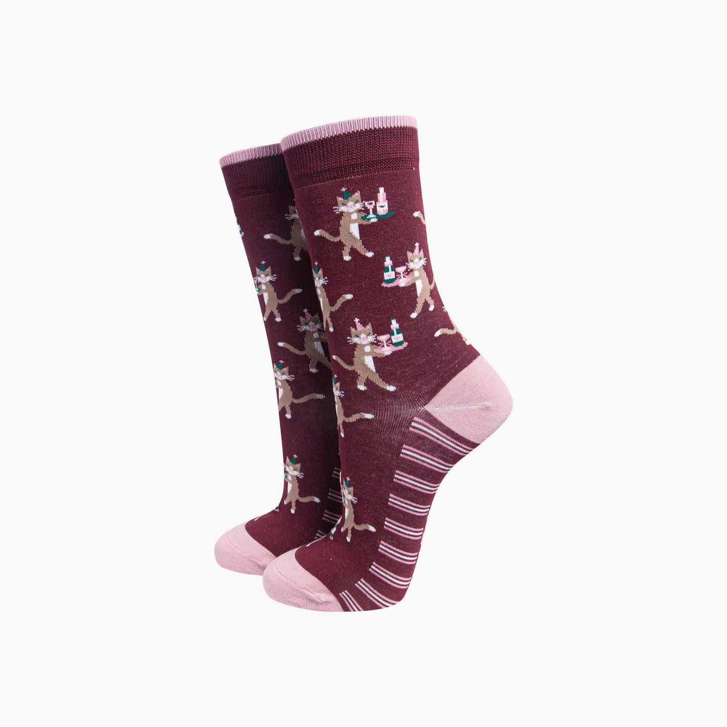 Sock Talk Party Cat Women's Bamboo Socks in Burgundy - Precious Sparkle