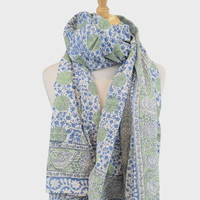 Blue & Green Floral Block Print Sarong Scarf - Precious Sparkle