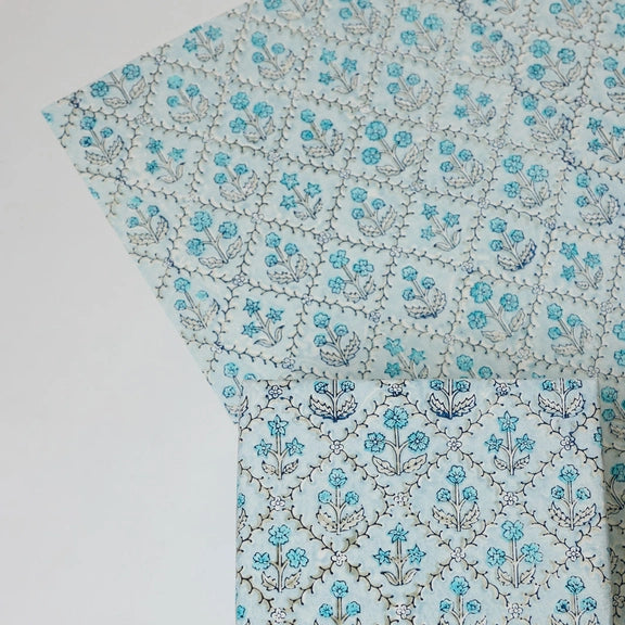 Paper Mirchi Block Printed Wrapping Paper Sheets Bp Floral Lattice Blue Opal - Precious Sparkle
